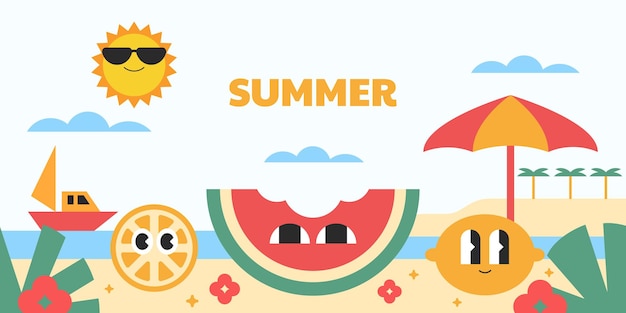 Fondo de verano en estilo plano geométrico personaje de dibujos animados de colores frutas groovy