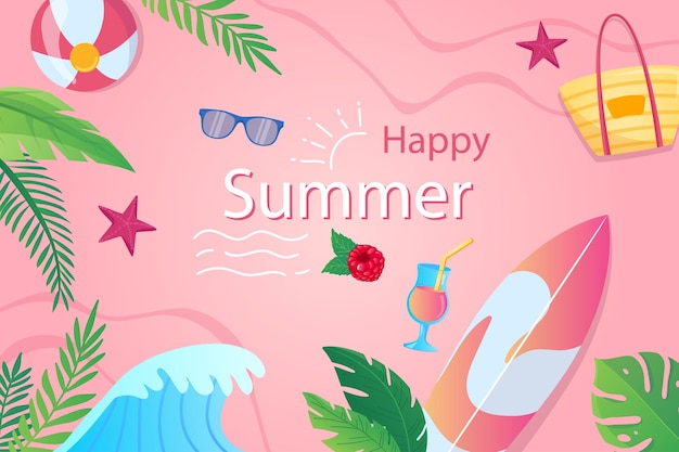 Vector fondo de verano feliz en papel tapiz de diseño de dibujos animados planos con composición de verano ola de mar palma l