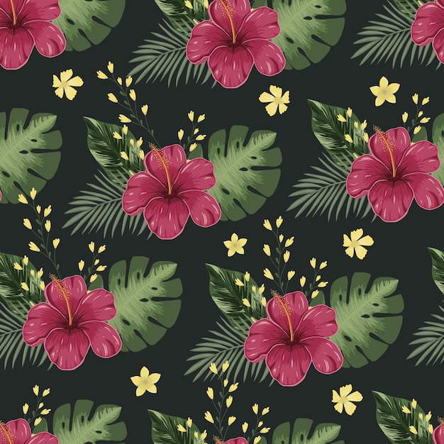 Vector fondo de verano floral de patrones sin fisuras con flores tropicales hojas de palma y monstera