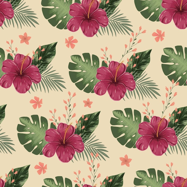 Fondo de verano floral de patrones sin fisuras con flores tropicales hojas de palma y monstera