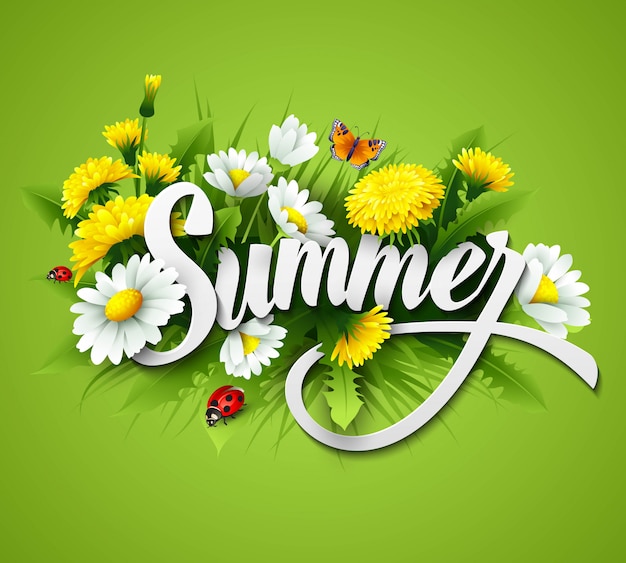 Fondo de verano fresco con hierba, diente de León y margaritas