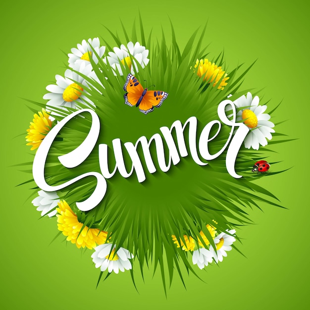 Fondo de verano fresco con hierba, diente de León y margaritas
