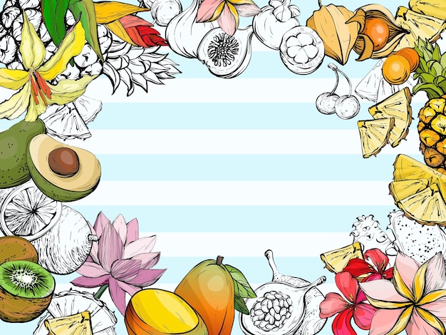 Fondo de verano con frutas y flores.