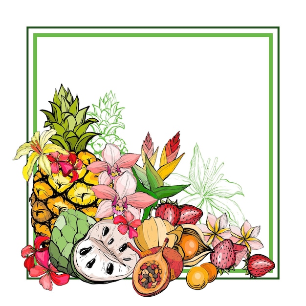 Fondo de verano con frutas y flores.