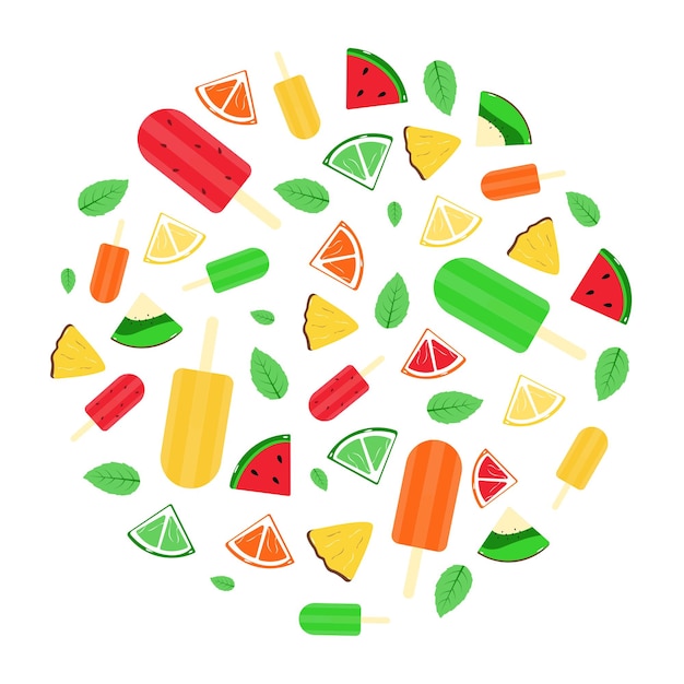 Fondo de verano con frutas y helados Frutas jugosas y helados en composición circular