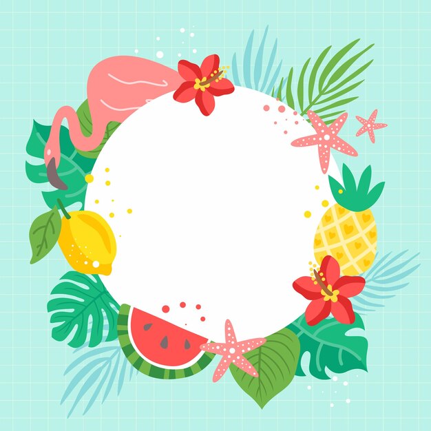 Fondo de verano con frutas tropicales y elementos de la naturaleza