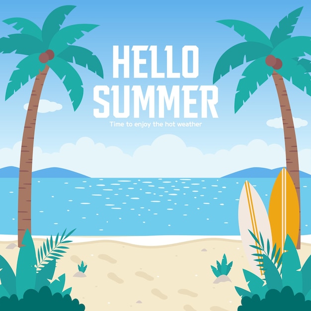 Fondo de verano con palmeras, arena y tabla de surf Ilustración vectorial