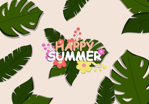 Fondo de verano plano con hojas y flores ilustración vectorial