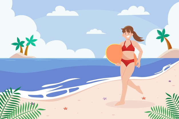 Fondo de verano plano con mujer en la playa con tabla de surf