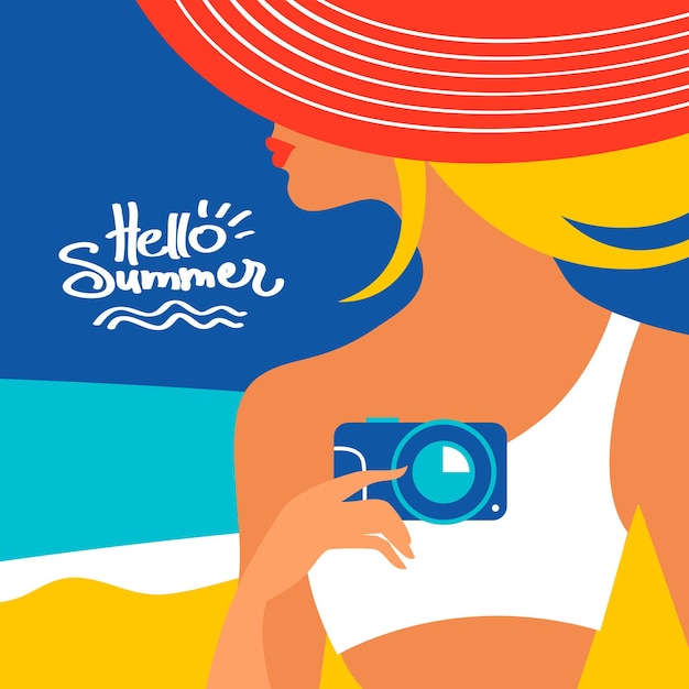 Fondo de verano con silueta de mujer hermosa en la playa. ilustración vectorial