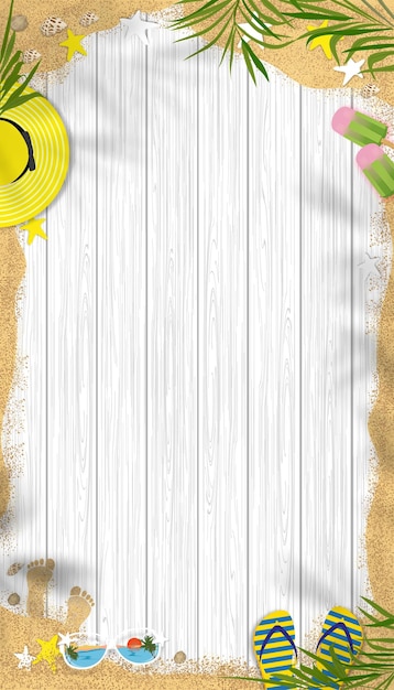 Fondo de verano con tema de vacaciones de vacaciones en la playa con espacio de copia en panel de madera blanca banner vertical vectorial diseño de verano tropical plano con hojas de palma de coco arena en tablón de madera con textura