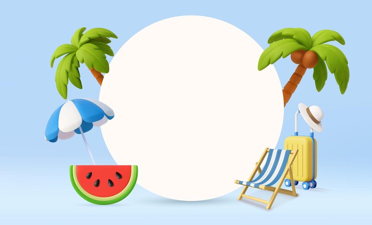 Vector fondo de verano tropical en 3d con elementos de viaje