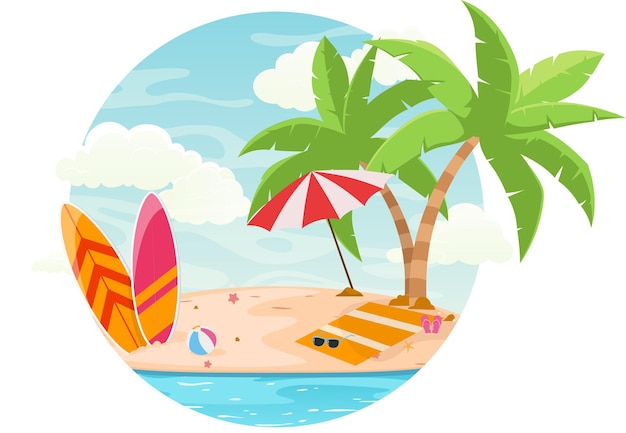Fondo de verano tropical con tabla de surf de playa y paraguas