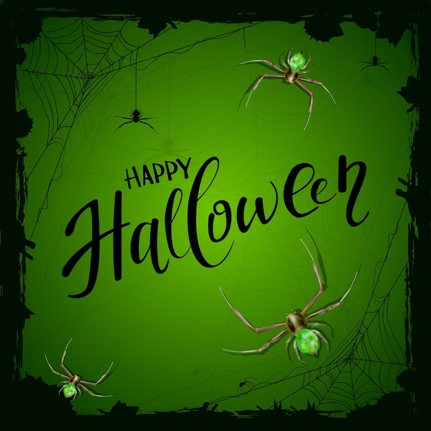 Vector fondo verde con arañas y texto feliz halloween