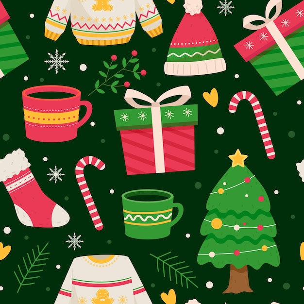 un fondo verde con un árbol de Navidad y una caja de cañas de caramelo