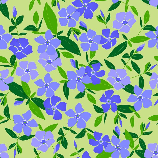 Un fondo verde con flores de bígaro azul y hojas verdes Patrón transparente de vector