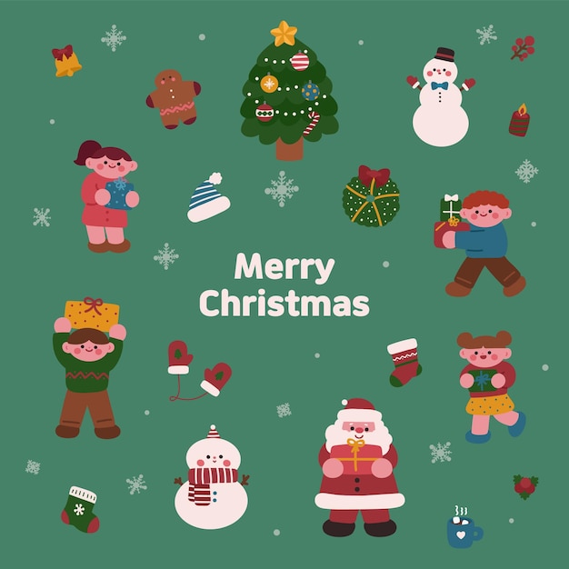 un fondo verde con un grupo de árboles de Navidad y muñecos de nieve