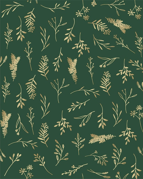 Un fondo verde con hojas y ramas doradas.