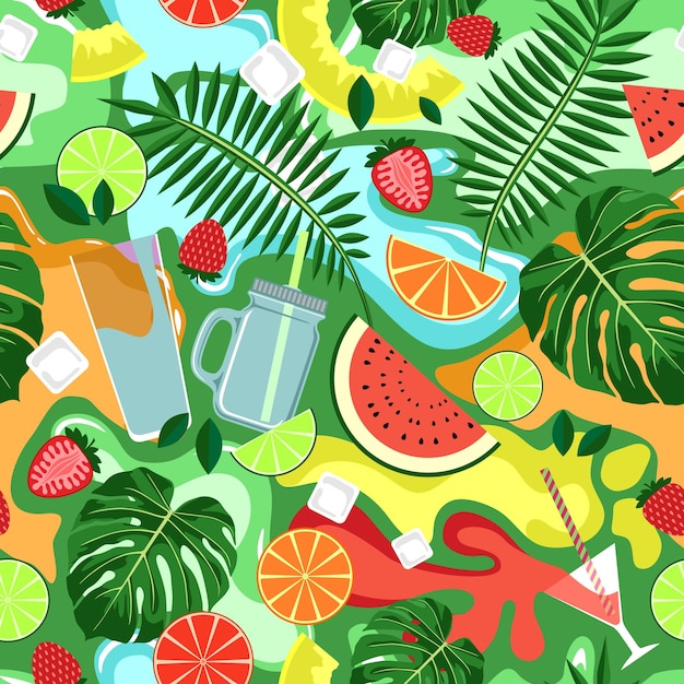 Vector fondo verde inconsútil con bebidas y frutas coloridas