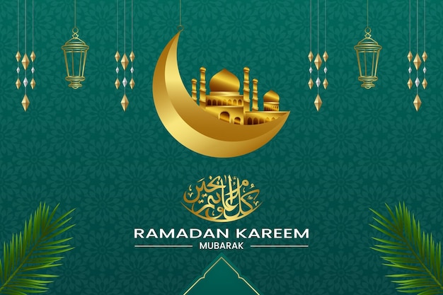 Fondo verde con una luna dorada y las palabras ramadan kareem.