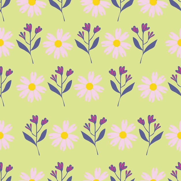 un fondo verde con margaritas y un punto amarillo