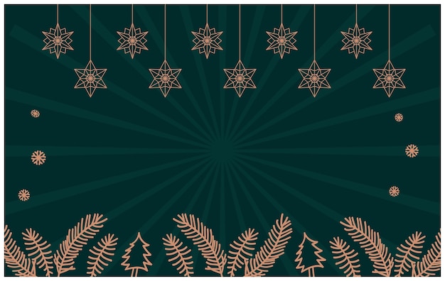 Fondo verde de Navidad con hojas de oro y estrellas colgando decoración Ilustración vectorial
