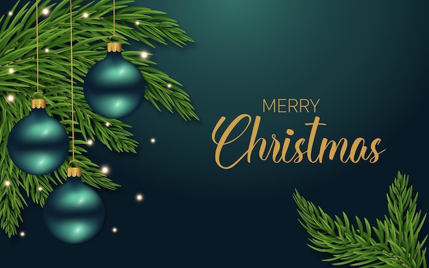 Fondo verde de Navidad con juguetes navideños verdes y ramitas de abeto