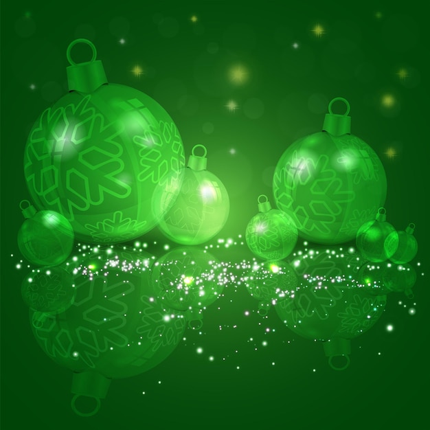 Fondo verde oscuro de Navidad con un juego de bolas brillantes de Navidad con copos de nieve