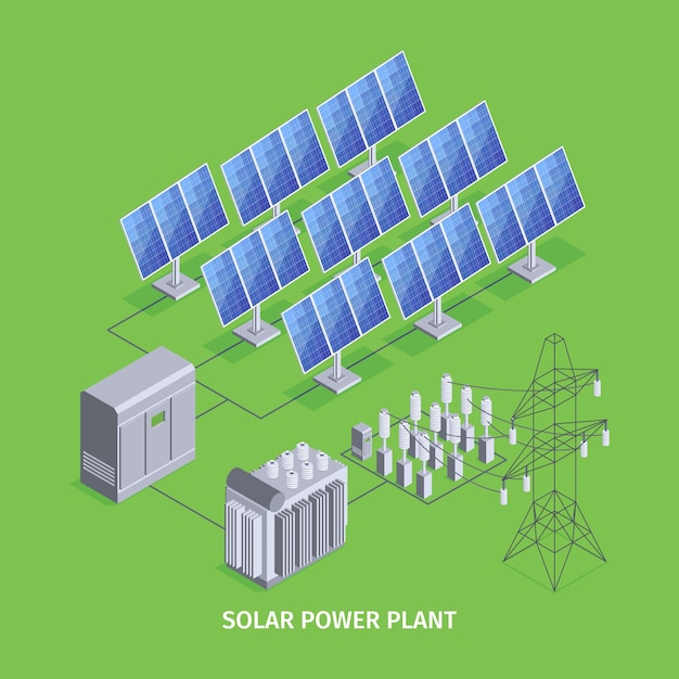 Fondo verde de la planta de energía solar con paneles solares y energía eléctrica renovable