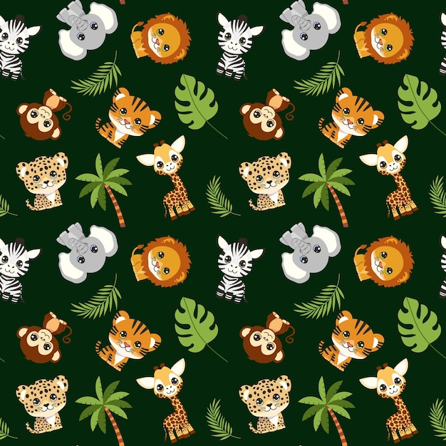 Un fondo verde con una variedad de animales, incluido un elefante jirafa cebra y un tigre