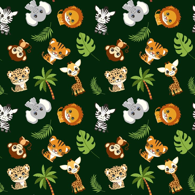 Vector un fondo verde con una variedad de animales, incluido un elefante jirafa cebra y un tigre