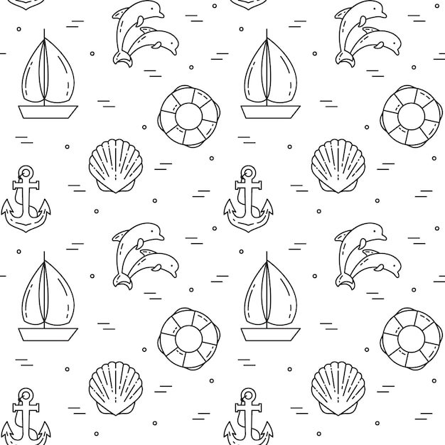 Fondo de viaje patrón sin fisuras con velero, delfines, conchas, anclas y salvavidas. línea plana de arte. ilustracion vectorial concepto de viaje, turismo, agencia de viajes, papel tapiz del sitio web de hoteles.