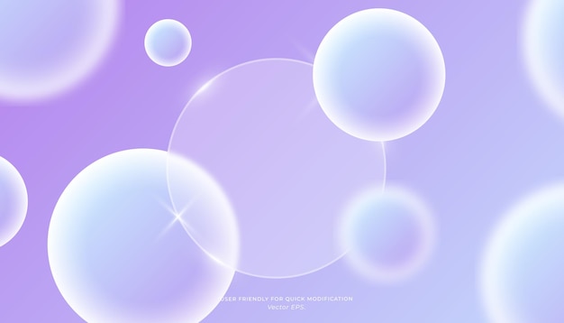Fondo de vidriomorfismo púrpura suave con burbujas transparentes flotantes y efectos brillantes