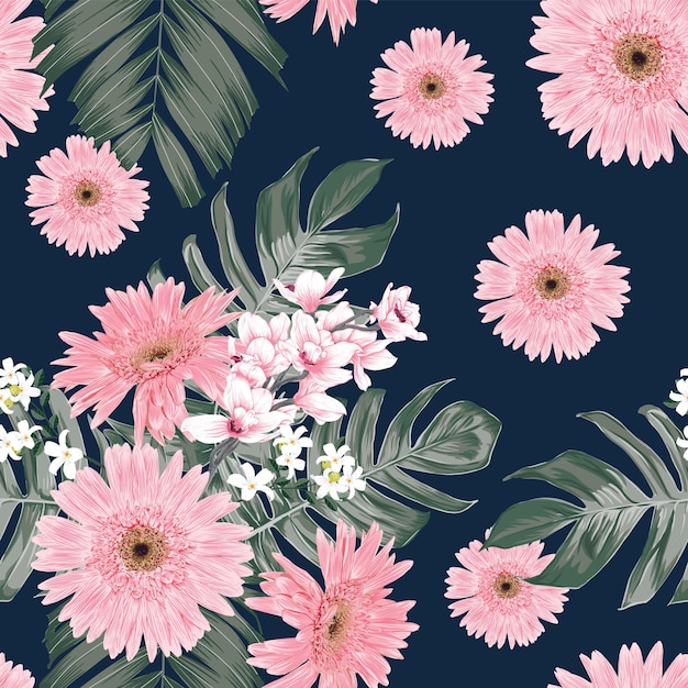 Fondo vintage de patrones sin fisuras con mano dibujar flores de gerbera y orquídeas florales