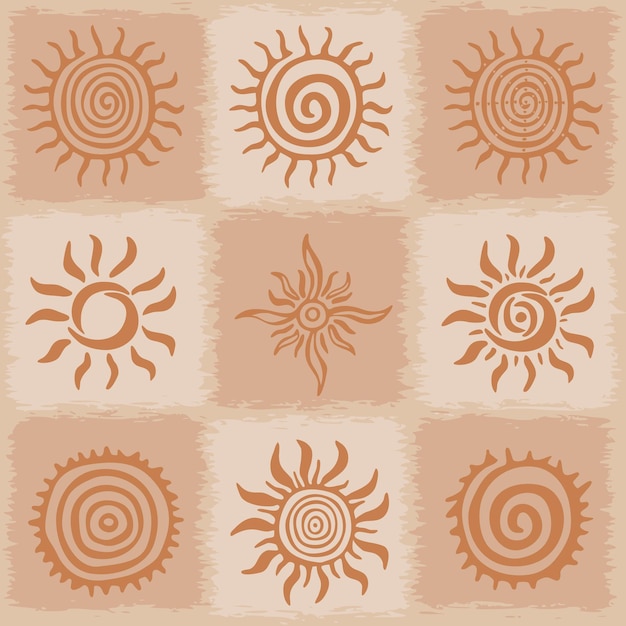 Vector fondo vintage, símbolos de sol en estilo étnico, diseño vectorial