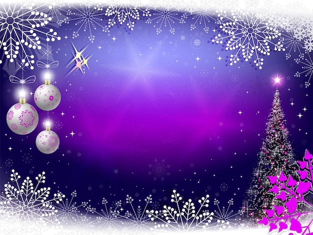 Fondo violeta de Navidad con bolas de árbol de Navidad y copos de nieve