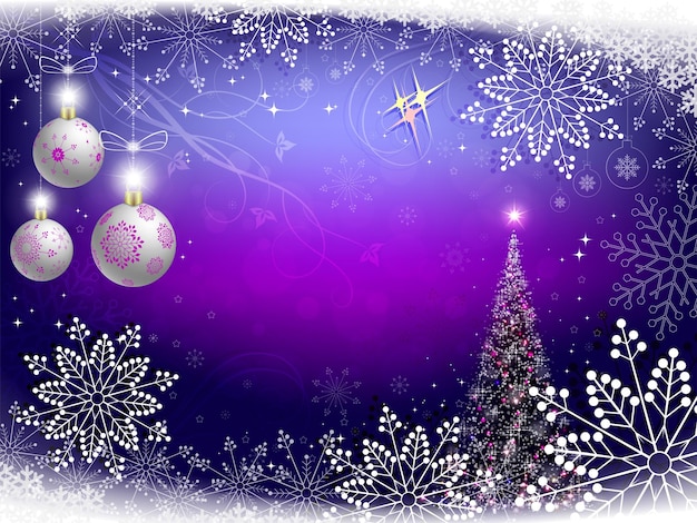 Fondo violeta de navidad con copos de nieve y árbol de navidad