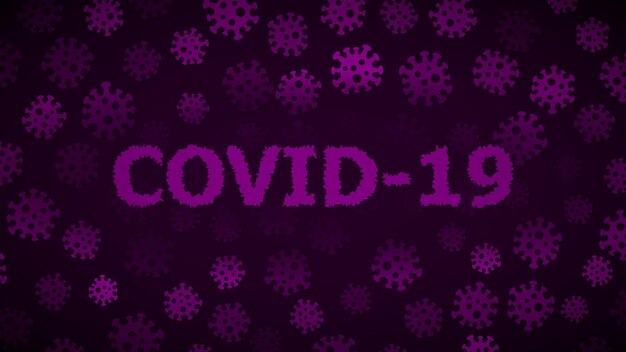 Vector fondo con virus e inscripción covid-19 en colores morados oscuros. ilustración sobre la pandemia de coronavirus.