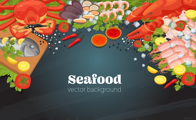 Vector fondo de vista superior de comida de mar restaurante de pescado platos de mariscos comida cocinada una hermosa cena gourmet fondo menú de restaurante vector aislado