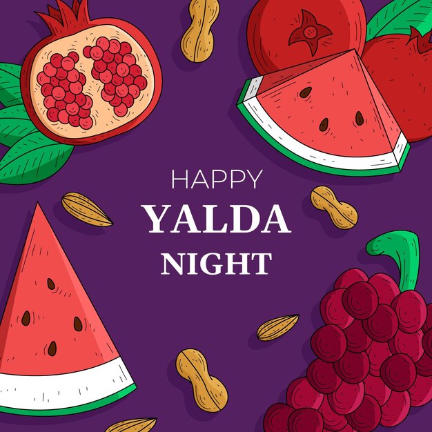 Vector fondo de yalda dibujado a mano con frutas