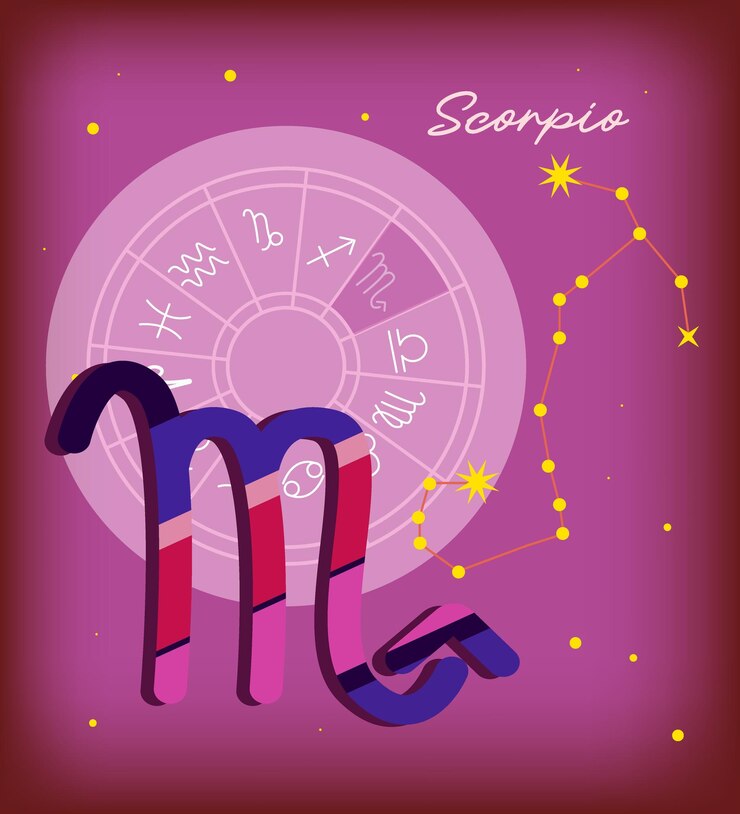 Vector fondo del zodíaco del signo de escorpio imagen vectorial hermosa y simple cielo estrellado con la constelación del zodíaco de escorpio signo de escorpio encapsulado y nombre de la constelación diseño púrpura para calendario
