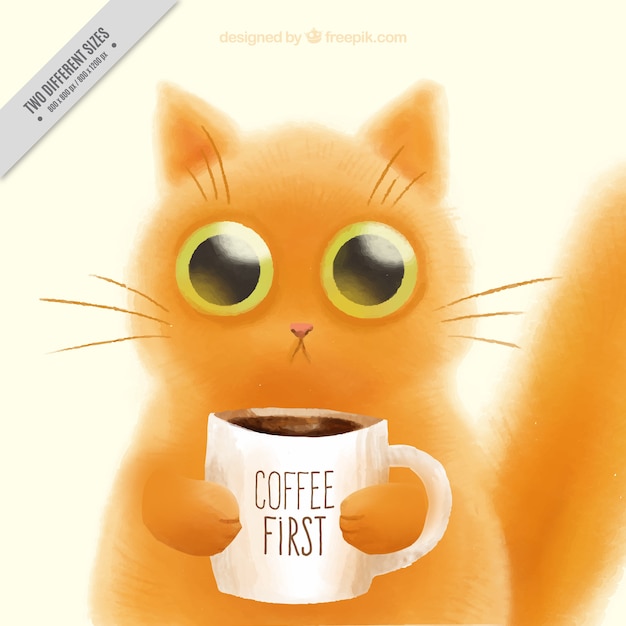 Vector fondopintado a mano de lindo gatito con una taza de café