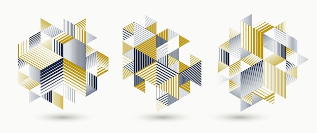 Fondos 3D dimensionales vectoriales abstractos de rayas lineales con elementos gráficos de estilo retro aislados con cubos y triángulos. Plantillas para carteles o pancartas, portadas o anuncios.