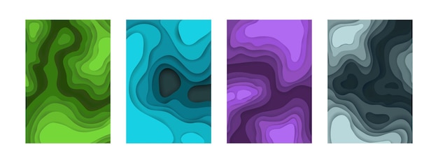 Fondos abstractos cortados en papel Diseño 3D Formas de cartón Gradiente de color y sombra o efecto profundo del mar Carteles de origami azul verde y violeta Conjunto de plantillas web minimalistas vectoriales