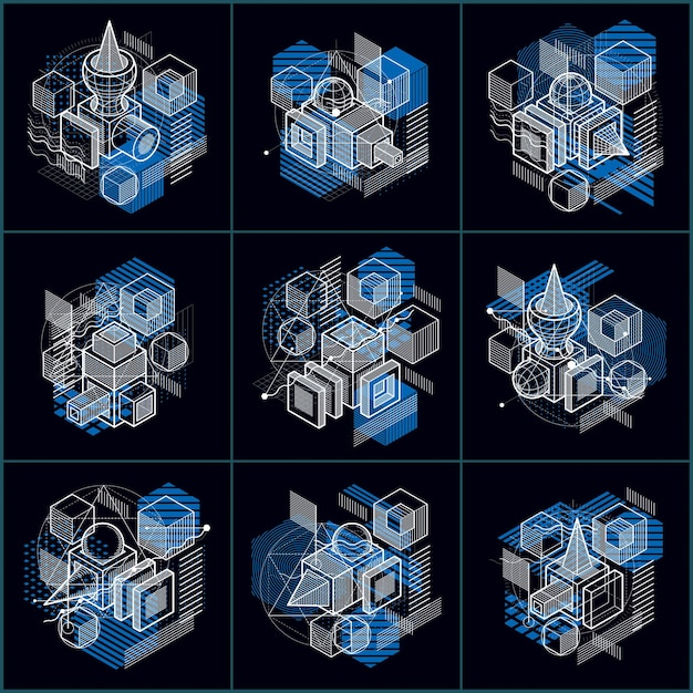 Fondos abstractos con elementos isométricos, arte lineal vectorial con líneas y formas. Cubos, hexágonos, cuadrados, rectángulos y diferentes elementos abstractos. Conjunto de vectores.