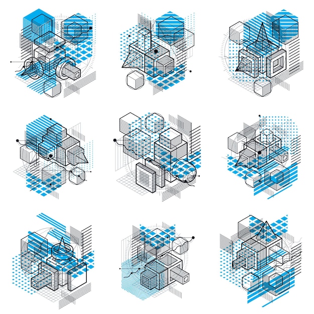 Fondos abstractos con elementos isométricos, arte lineal vectorial con líneas y formas. Cubos, hexágonos, cuadrados, rectángulos y diferentes elementos abstractos. Conjunto de vectores.