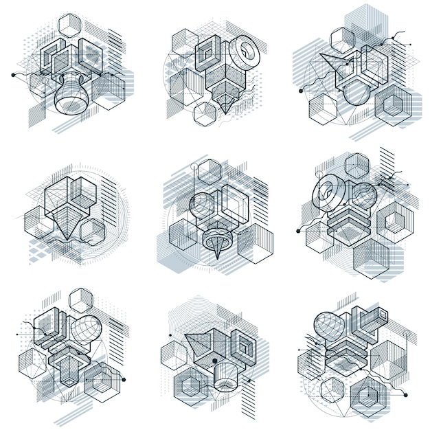 Fondos abstractos isométricos con formas dimensionales lineales, elementos de malla vectorial 3d. Composiciones de cubos, hexágonos, cuadrados, rectángulos y diferentes elementos abstractos. Colección de vectores.