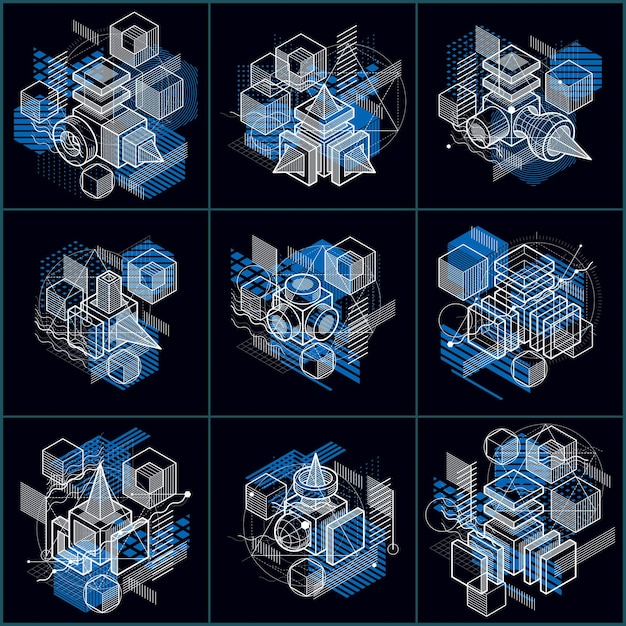 Fondos abstractos con líneas isométricas, ilustraciones vectoriales. Plantillas hechas con cubos, hexágonos, cuadrados, rectángulos y diferentes elementos abstractos. Conjunto de vectores.