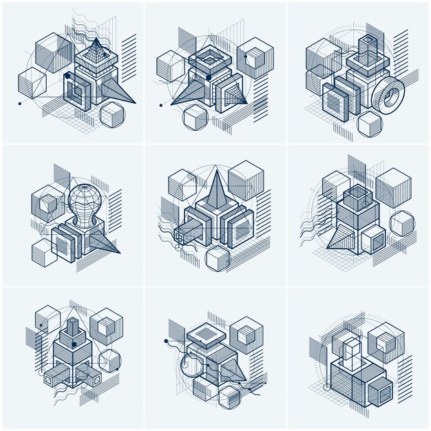 Fondos abstractos con líneas isométricas, ilustraciones vectoriales. Plantillas realizadas con cubos, hexágonos, cuadrados, rectángulos y diferentes elementos abstractos. Conjunto de vectores.