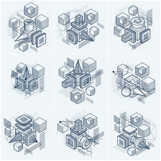 Fondos abstractos con líneas isométricas, ilustraciones vectoriales. Plantillas realizadas con cubos, hexágonos, cuadrados, rectángulos y diferentes elementos abstractos. Conjunto de vectores.